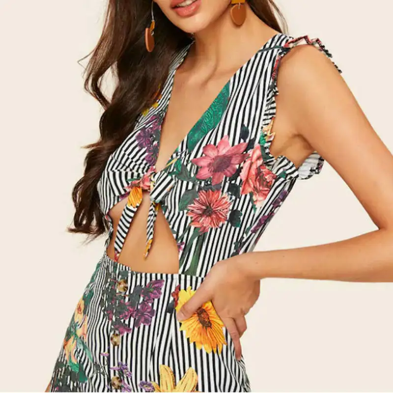 Женское платье на бретельках Boho разноцветное Тропическое Летнее мини-платье с