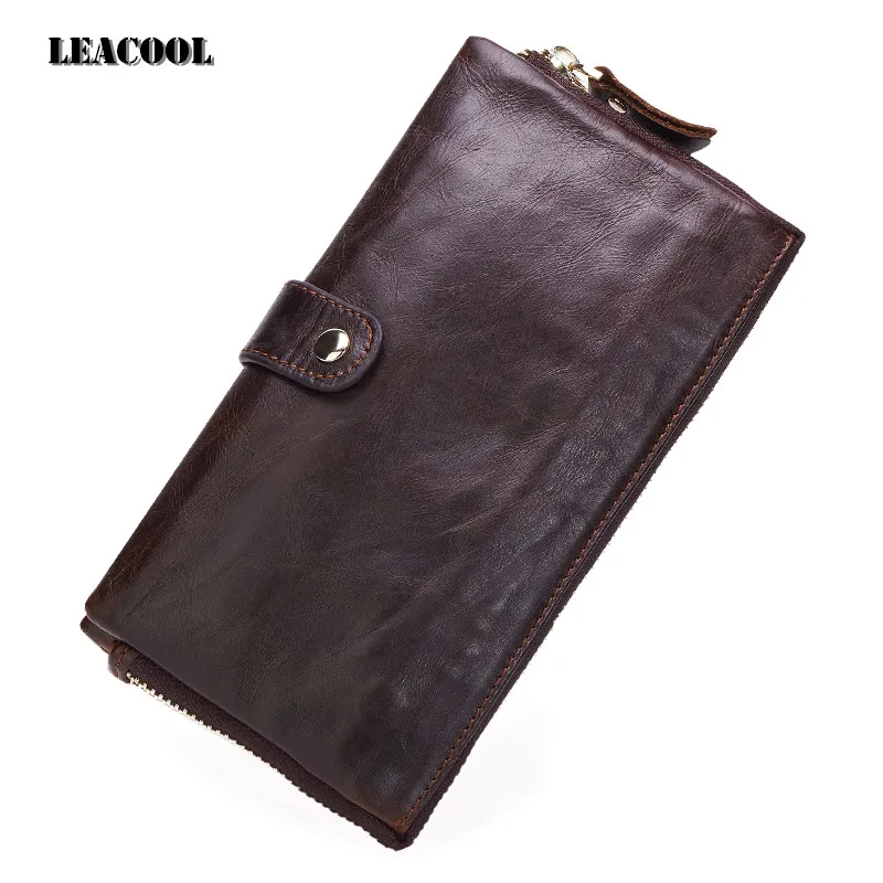 Leacool 100% кошелек из натуральной кожи мужской длинный винтажный Повседневный