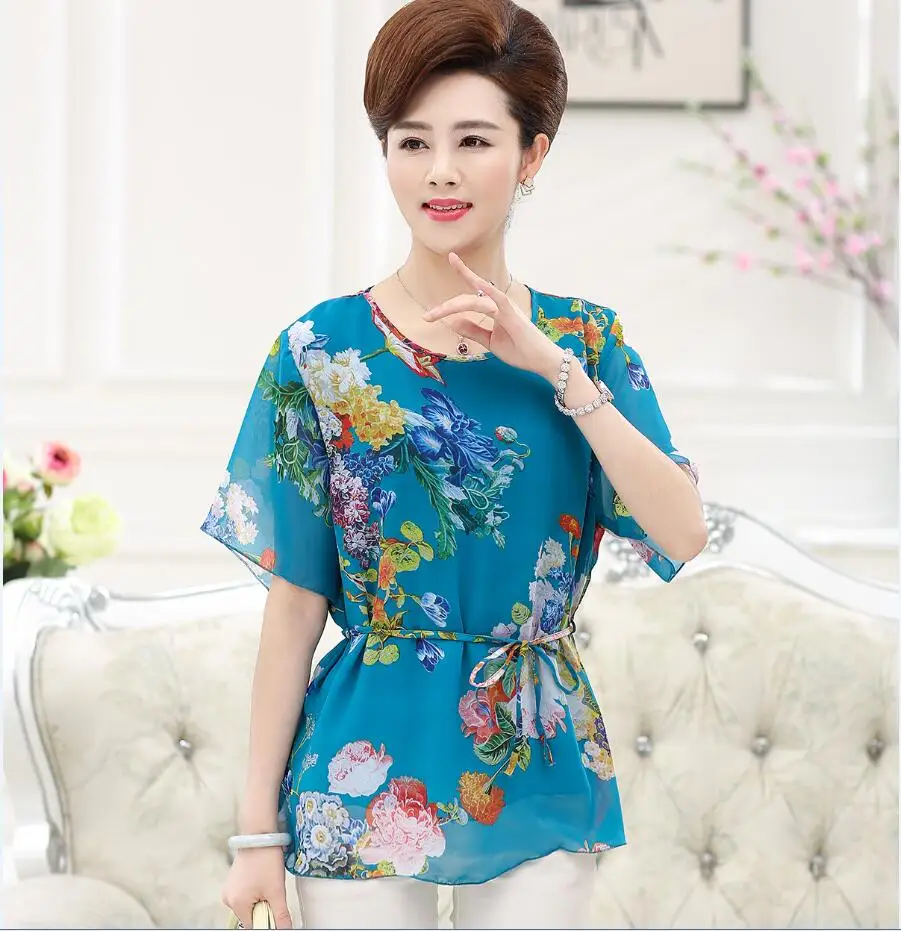 2016 Женская Летняя шелковая и шифоновая блузка с цветочным принтом короткими