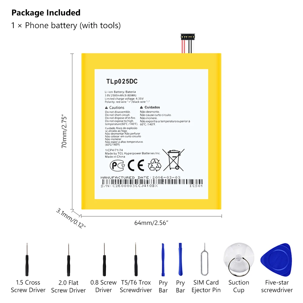 2580mAh TLP025DC батарея для Alcatel OneTouch Pixi 4 6 0 OT 9001A 9001X литий полимерный Мобильный телефон