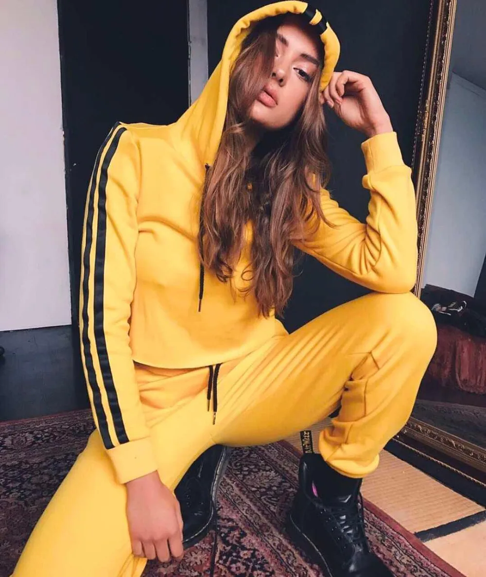 Jo Kalin 2018 New Fashion 2 Piece Clothing Set Women Yellow Crop Top And Pants Suit ladies Sexy Leisure Two Tracksuit | Женская одежда