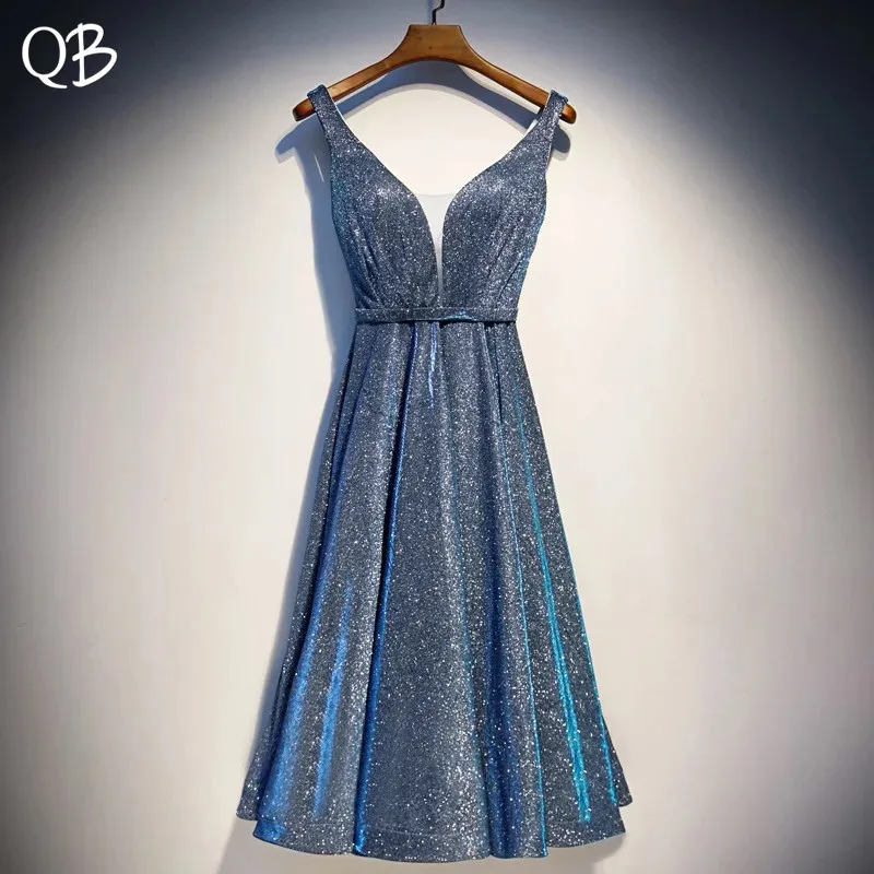 

Blue Vintage Short A-line Sequins Tulle Beading Evening Dresses 2020 New Fashion Evening Gowns XH453
