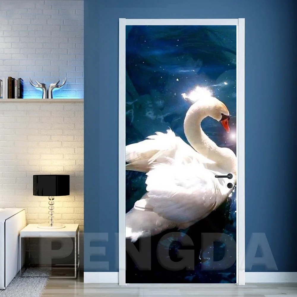 3D Door Sticker DIY Home Decoration Decals Swan Animal Print Art Picture Self Adhesive Waterproof Mural For Bedroom Renovation | Дом и сад