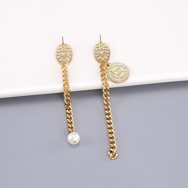 LILIE&ampWHITE Fashion Coins Long Drop Asymmetrical Earrings 2018 Gold Color Chain Imitation Pearls Women Jewelry HC | Украшения и