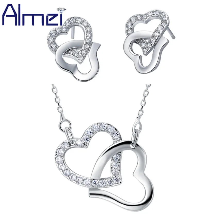 

Almei Heart in heart Pendant Necklaces Earrings Sets for Women Silve Necklace Girls Fashion Crystal Rhinestone Jewelry Set T287