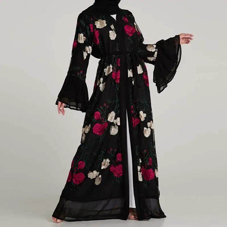 Black Cardigan Plus Size Women Kimonos Mujer Vetement Femme Long Abaya Chifffon Embroidery Floral Kimono Cardigan Roupa Feminina Clothing - Цвет: Black Cardigan