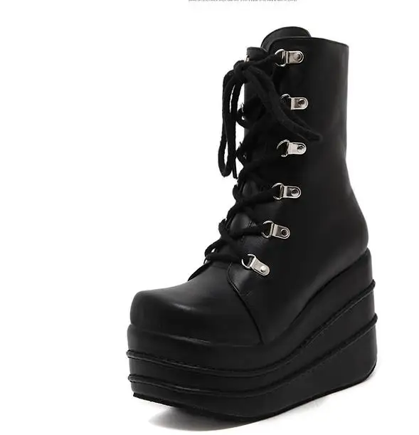 Botas Mujer Plataforma/ г. Зимние женские ботинки белые ботинки на высокой танкетке в стиле панк ботинки на платформе со шнуровкой Размеры 35-43