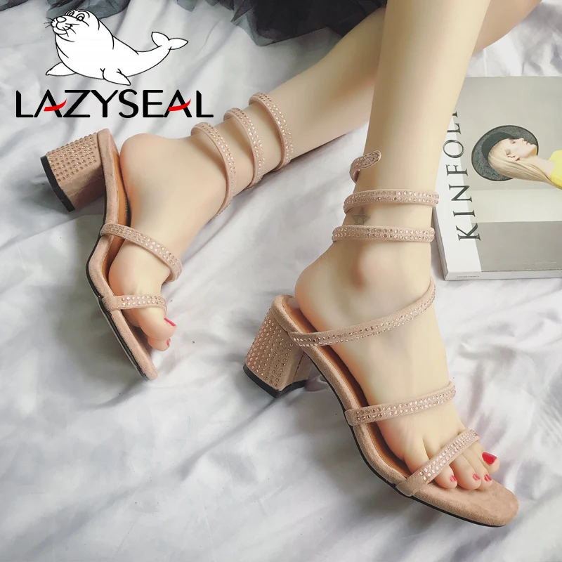 LazySeal лето кристалл Для женщин тапочки обувь квадратный каблук Тапочки женские
