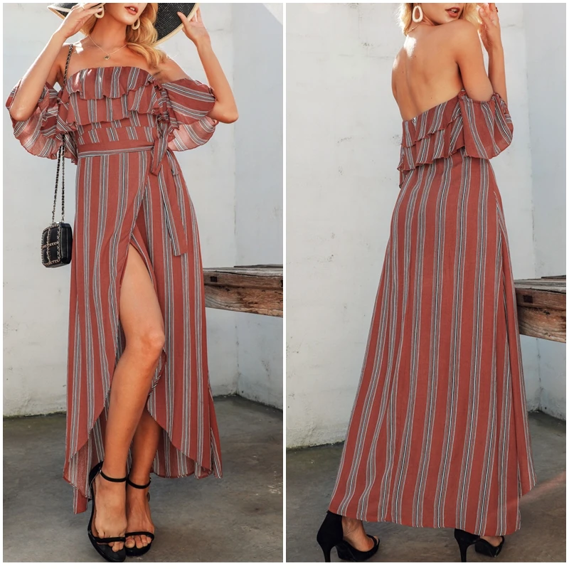 JaMerry Boho vinage Полосатое длинное платье макси с открытыми плечами женское сексуальное платье с оборками богемное женское праздничное летнее платье