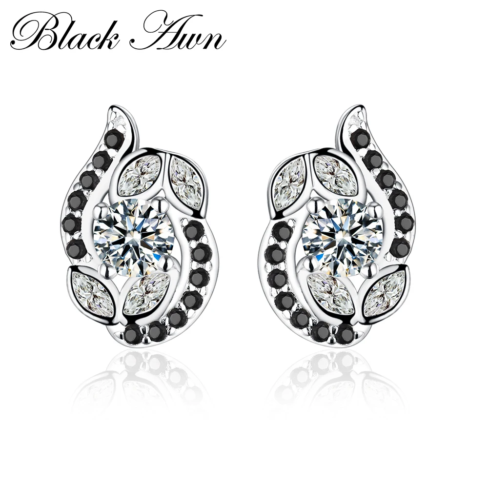 BLACK AWN 100% Genuine 925 Sterling Silver Topaz Jewelry Black&White Stone Cute Engagement Stud Earrings for Women T138