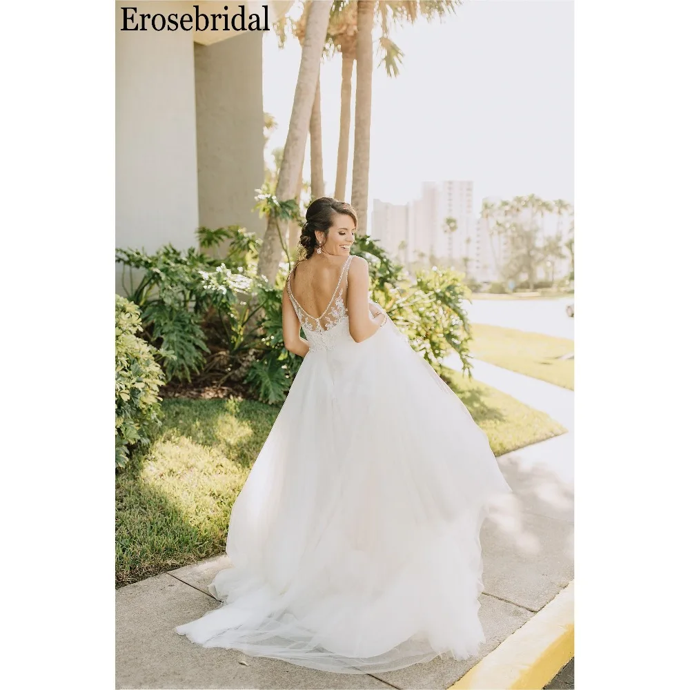 Erosebridal простое свадебное платье Линия бисера V шеи Элегантный пляжное съемный