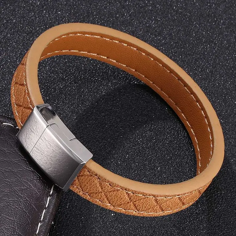 

Men Jewelry Black Brown Genuine Leather Bracelet Stainless Steel Magnetic Clasp Fashion Bangles Gift BB500