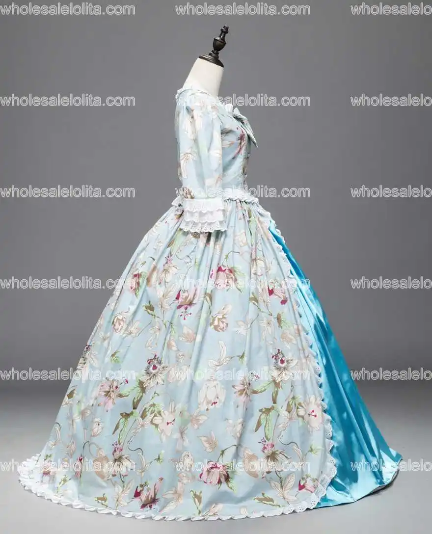 

Renaissance Colonial Priness Dress Floral Ball Gown with Long Train Reenactment Dresses