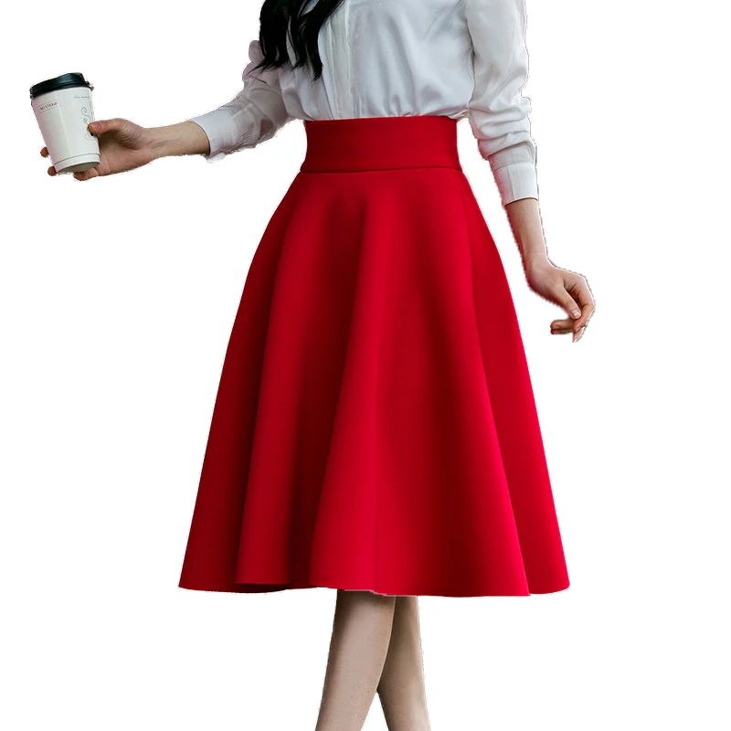 

6XL Skirt High Waisted Skirts Womens White Knee Length Bottoms Pleated Skirt Saia Midi Black Red Blue 2018