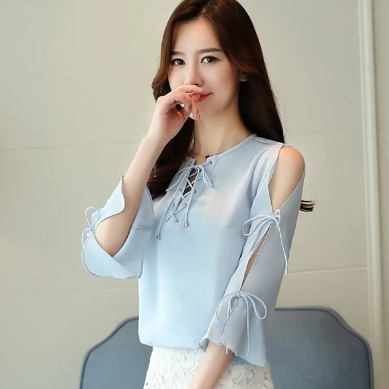 Сексуальные blusas 2018 Для женщин Повседневное Кружево Up выдалбливают V шеи Блузка с