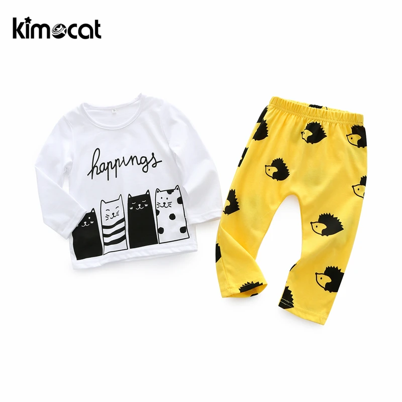 

Kimocat, одежда для маленьких мальчиков, 2 шт., топ + штаны, хлопок, милый рисунок кошки ежика, длинные рукава, белый и желтый, комплект одежды для д...