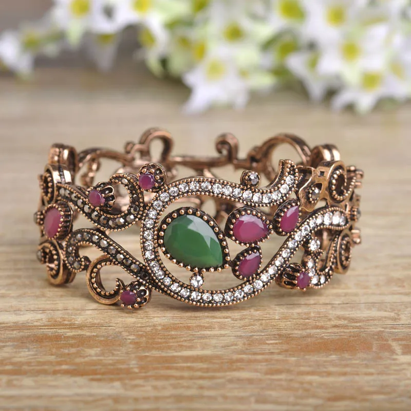 Madrry Brand Turkish Wide Bangles Vinatge Personality Women Statement Carved Flowers Antique Gold color Simulated Resin Bijoux | Украшения