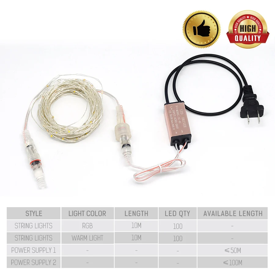 Расширяемая светодиодная гирлянда 10 м AC85 265V теплый белый/RGB свет подключаемый
