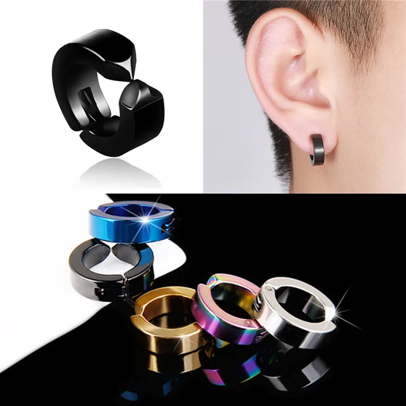 Pair Fake Hoop Earring Studs Mens Womens Silver Black Stainless Steel Huggie 8mm Diameter Ear Lobe Helix Non-Piercing Clip On