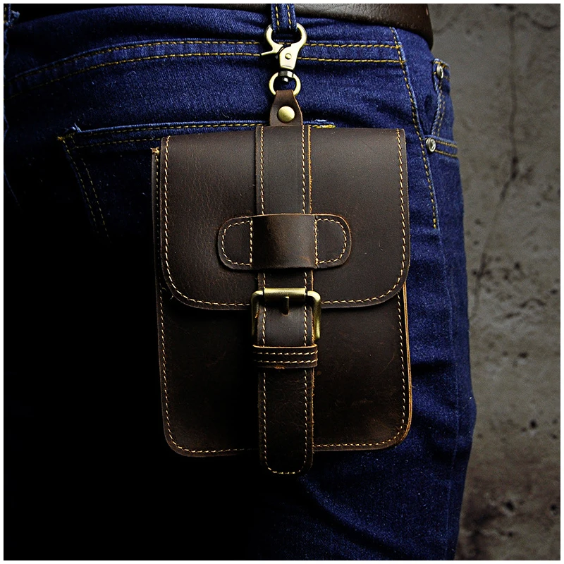 

Leather Waist Packs For Men 7 Inches Genuine Cow Leather Sewing Men Waist Bags With Hooks And Belt Hanging Ear