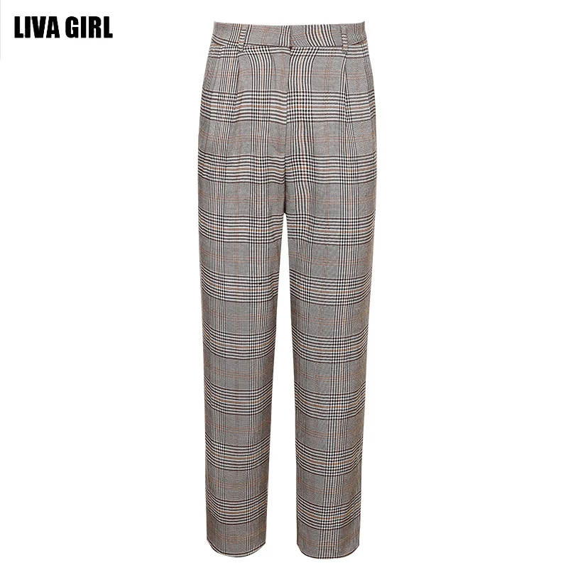 Liva girl 2018 осенние клетчатые базовые брюки женские повседневные с средней талией