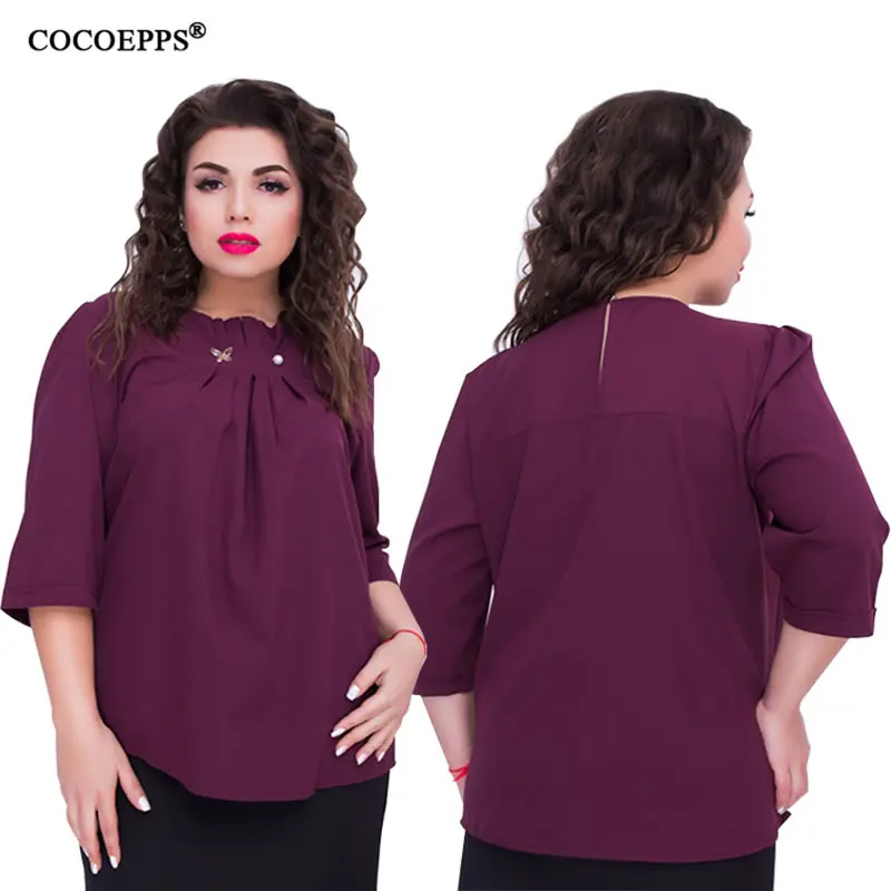 

COCOEPPS Big Size 5XL 6XL Autumn Winter Chiffon Casual Tops 2019 New Fashion Three Quarter Pink Solid Elegant Loose Shirt Tops