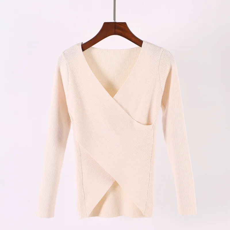 ONLYSVTER Sexy V Neck Wrap Women Pullover Sweaters Autumn Winter Long Sleeve Soft Casual Jumper Ribbed Knitted Pull Top Femme