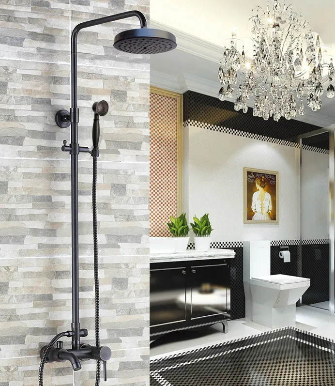 

Black Oil Rubbed Brass Single Handle Bathroom 8 Inch Round Rain Shower Faucet Set Bath Tub Mixer Tap Hand Shower mrs325