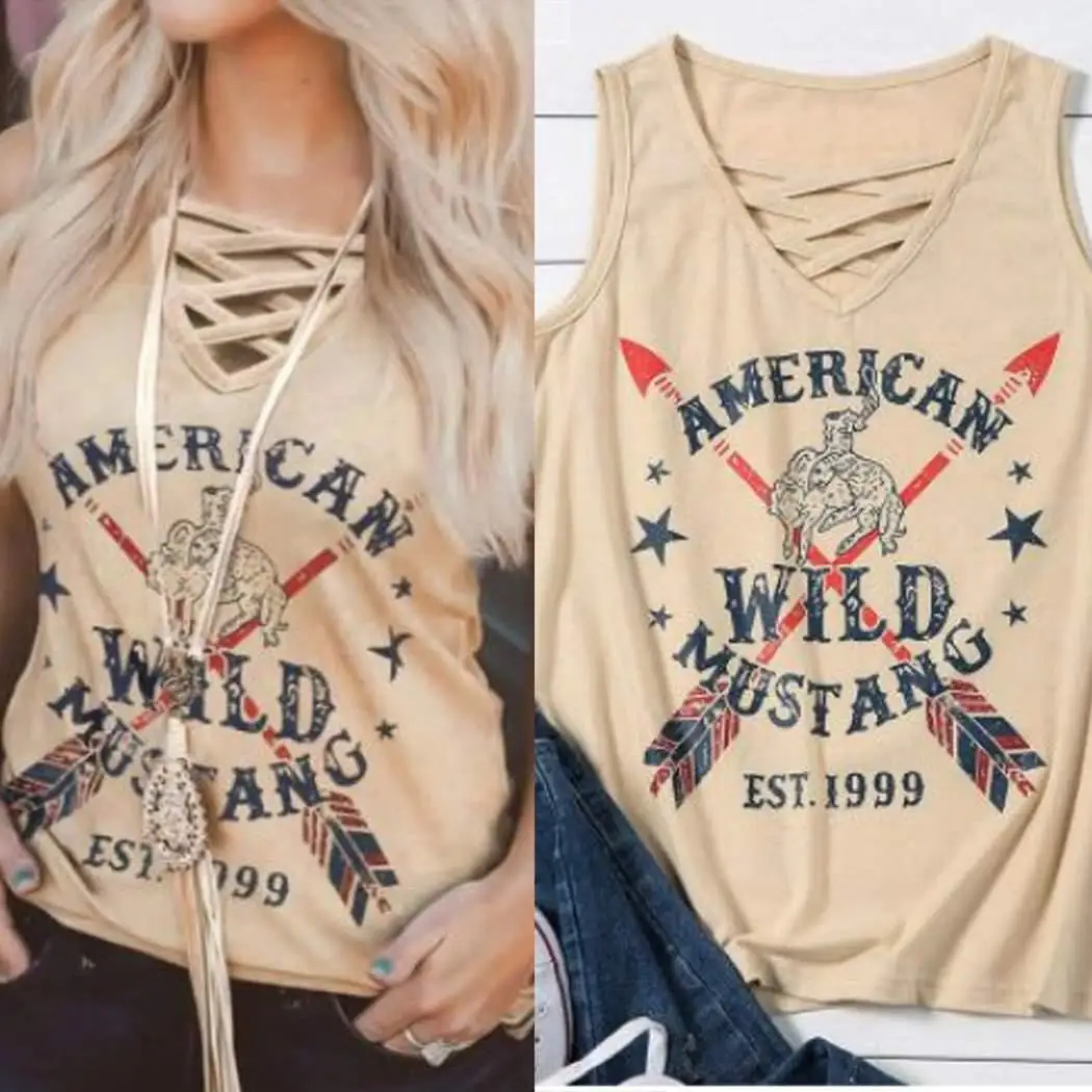 Женская мода с v-образным вырезом без рукавов буквенным принтом крест-накрест