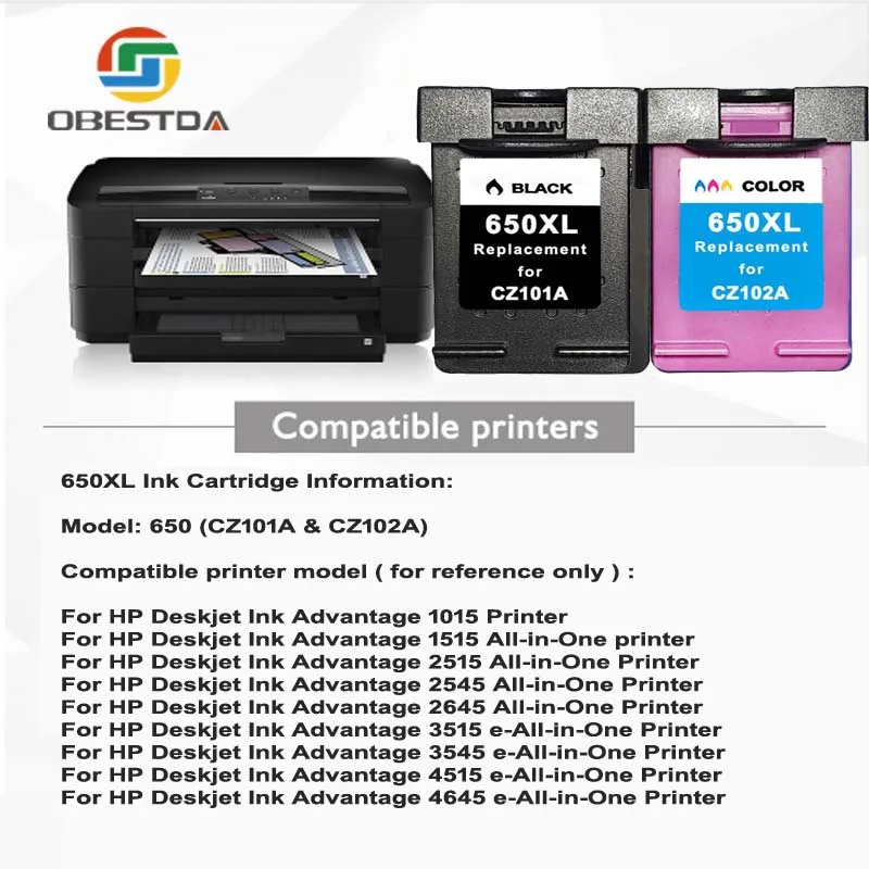Заправляемый чернильный картридж Obestda 650XL для HP 650 XL Deskjet 1015 1515 2515 2545 2645 3515 3545 4515