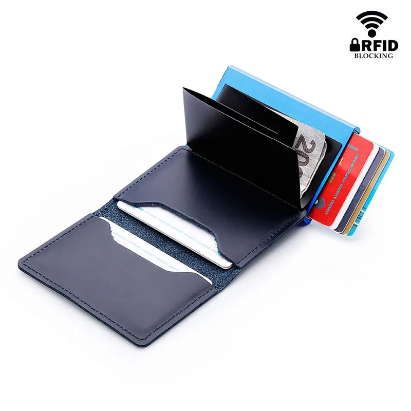 seekrid rfid 100 genuine leather smart wallet aluminum credit card holder metal business id cardholder slim mini case wallets free global shipping