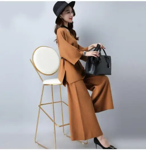 Knitting Sweater Pantsuit Two Piece Set Knitted Pullover office lady High Waist Wide Leg Pants Women's Suit | Женская одежда