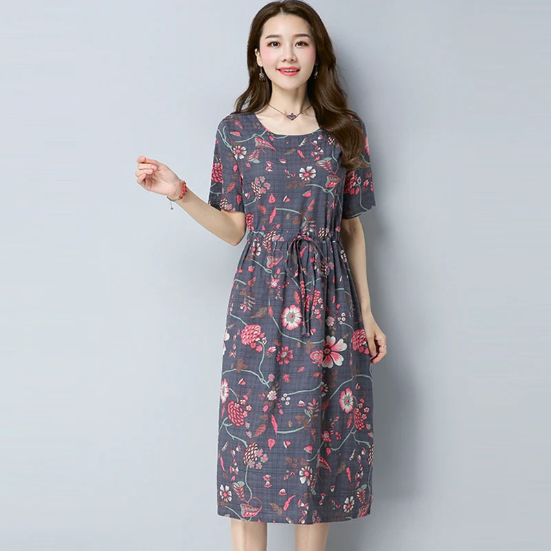 

Vintage Floral Print Dress Female Cotton Linen O-neck Short Sleeve Dress Vestidos Summer Loose Cotton Linen Long Dresses RE0578