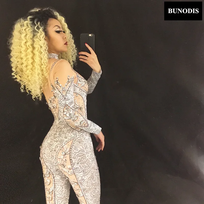 ZD084 Silver 3D Printing Sexy Sparkling Crystals Jumpsuit Bling Bodysuit Nightclub Birthday Party Performance Stage Wear Costume