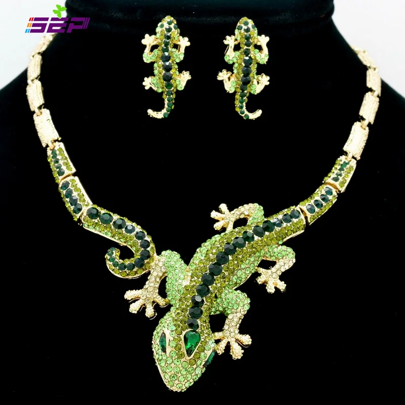 

Fashion Animal Gecko Lizard Necklace Earring Sets with Rhinestone Crystal Women Jewelry Set FA3274