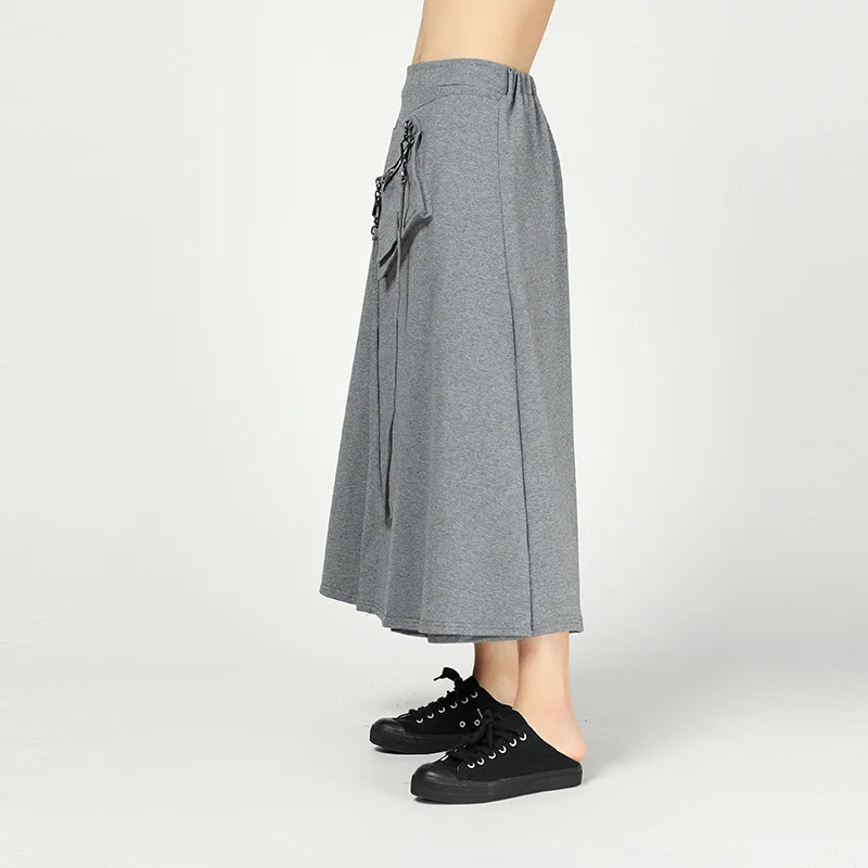 [EAM] New Spring Summer High Elastic Waist Gray Pocket Personality Split Joint Loose Half-body Skirt Women Fashion JL613