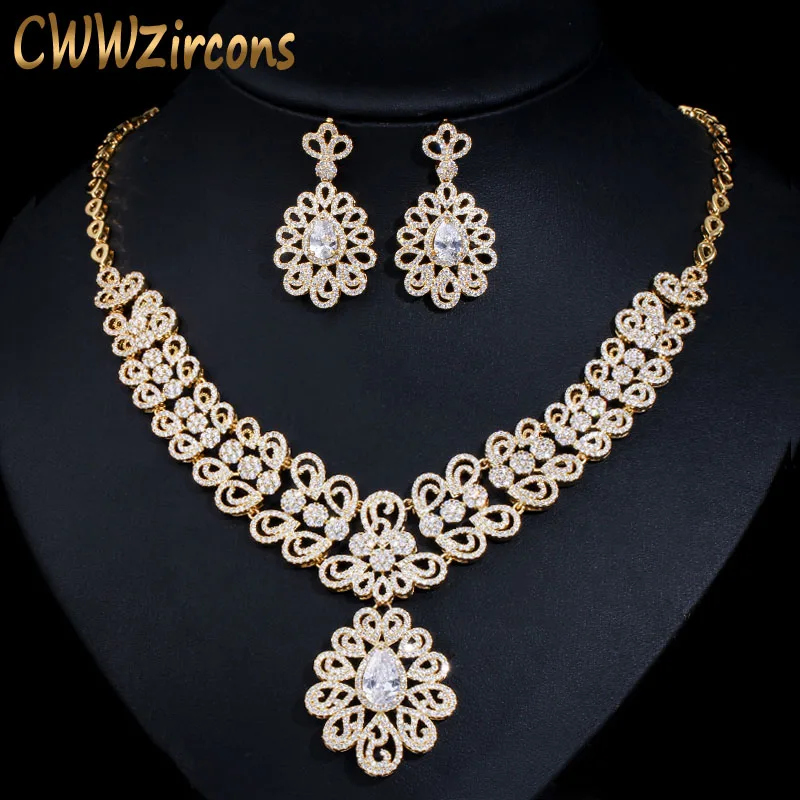 gold CWWZircons нигерийский кубический цирконий большое свадебное ожерелье и серьги Роскошные Дубай Желтое Золото Ювелирные наборы для женщин T130 - Окраска металла: gold