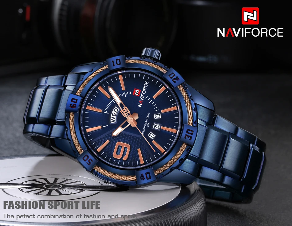 NAVIFORCE Роскошные Брендовые мужские спортивные часы золотые полностью Стальные кварцевые часы мужские водонепроницаемые военные часы мужские часы relogio masculino