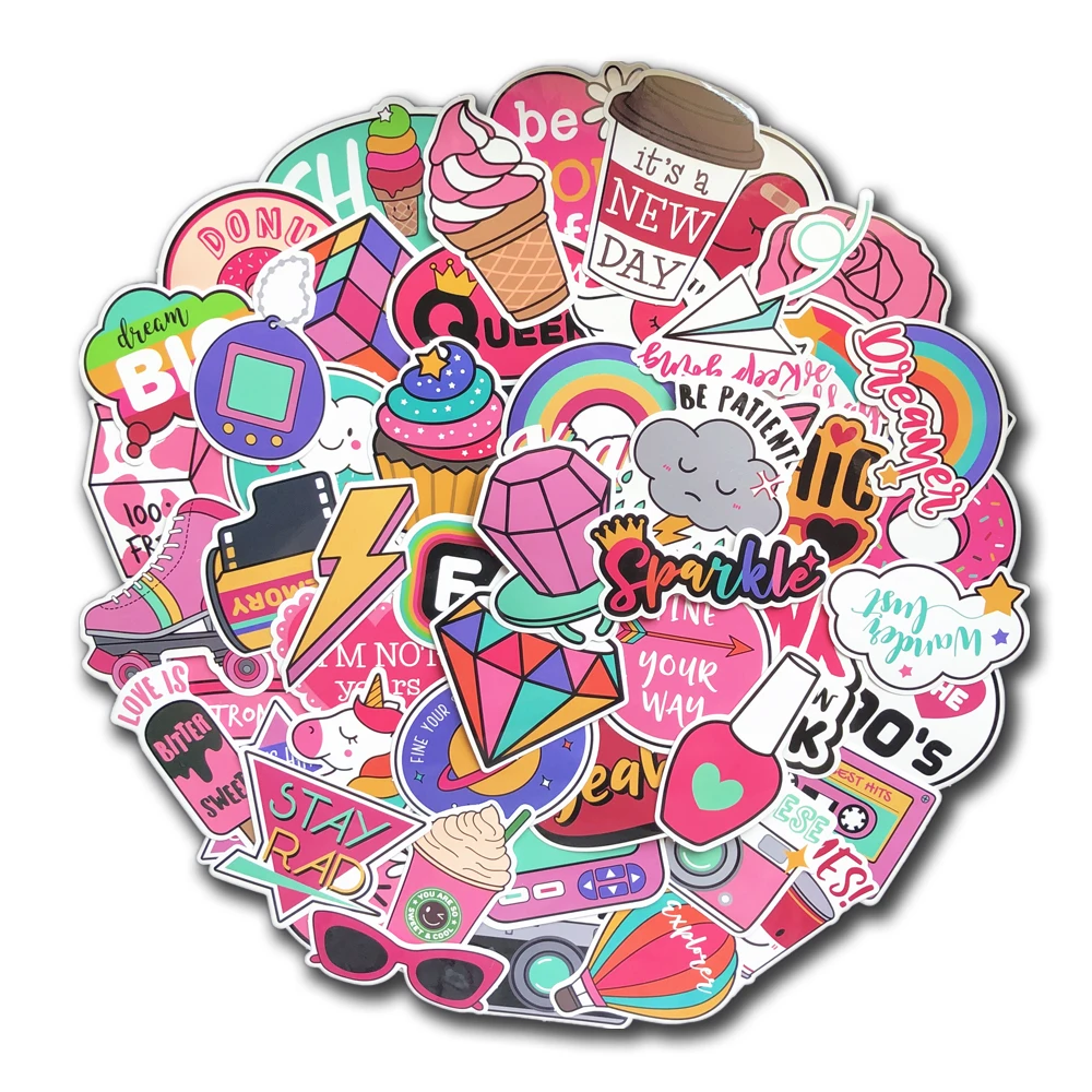 

60 Pcs Waterproof Girls Kawaii Pink Glitter Sticker Kids Toys For Luggage Moto Car & Suitcase Fridge Laptop Stationery Stickers