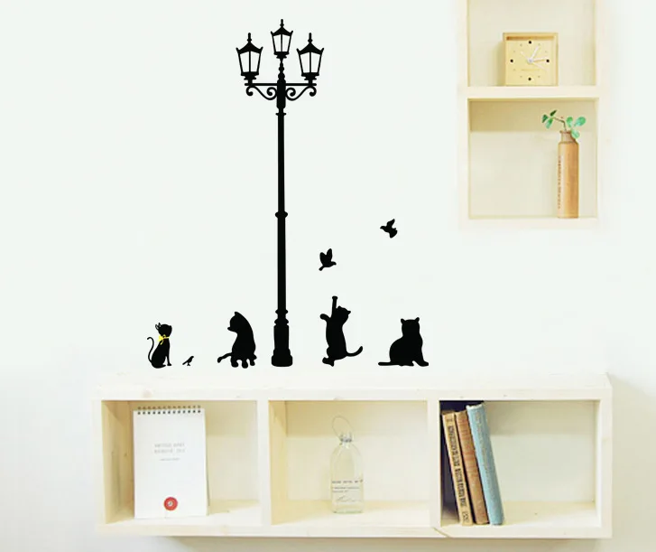 

Cute 4 Cats under Street Light playing with butterfly Wall Sticker for Living Room Art Home Decoration on the Wall for Kids Room