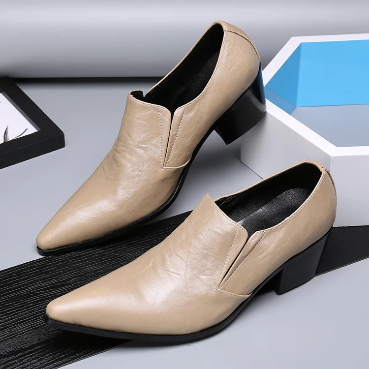 

Spring and Autumn Men's White Business Dress Shoes Men's Leather Pointed Set Foot Leather Suit Nightclub Increased Men's Shoes