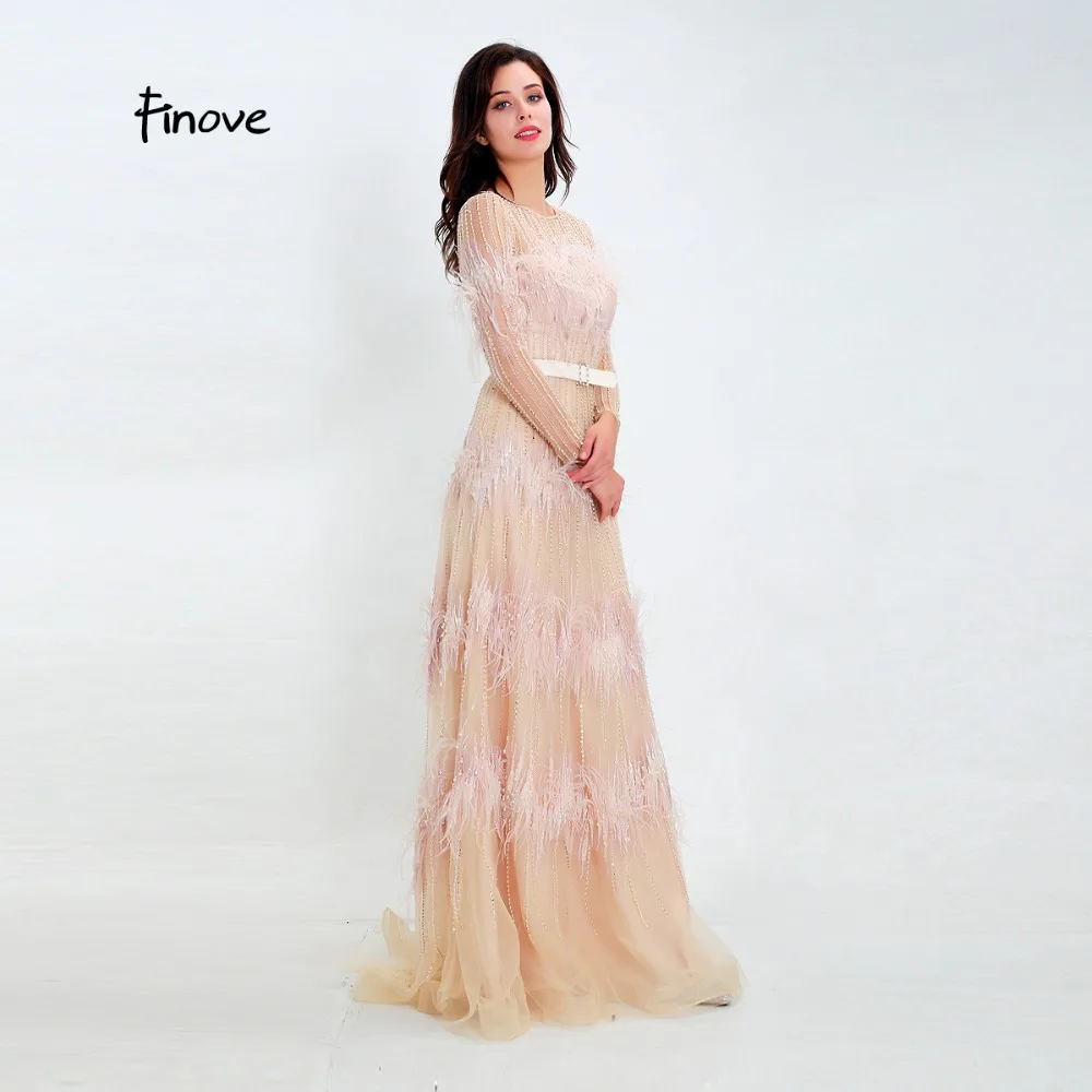 Finove Luxury Illusion Prom Dress New Design 2020 Tulle with beaded Feathers Sashes A-Line Evening Woman Party Gowns | Свадьбы и