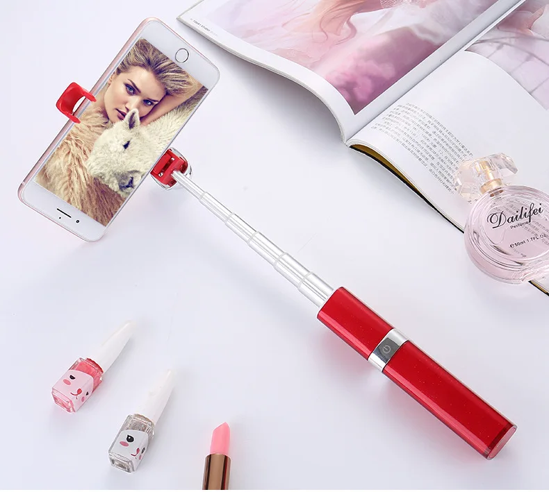 Lipstick Selfie Stick, Extendable Selfie Stick Monopod, Built-in Bluetooth Remote, Glossy Finish For iPhone, Android