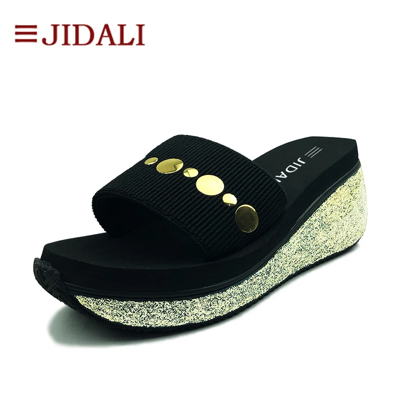 JIDALI/женские шлепанцы на платформе черные высокие золотистого цвета размеры 35-39 |