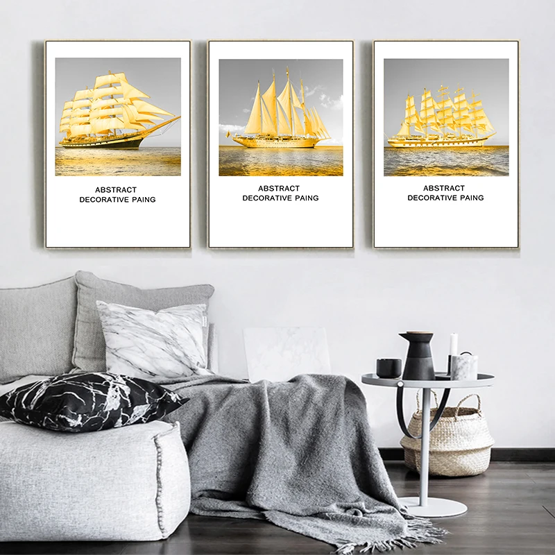 Wall Art Печати Северных Плакат Золотой Парусная Лодка Море Холст Картины Пейзаж