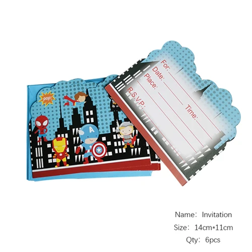 Invitation 6pcs Мстители, Человек-паук, Железный человек, Супермен, детская одежда на день рождения, поставка украшений для вечеринок, детский набор для вечеринки на день рождения, принадлежности для мероприятий, Конфета - Цвет: Invitation 6pcs