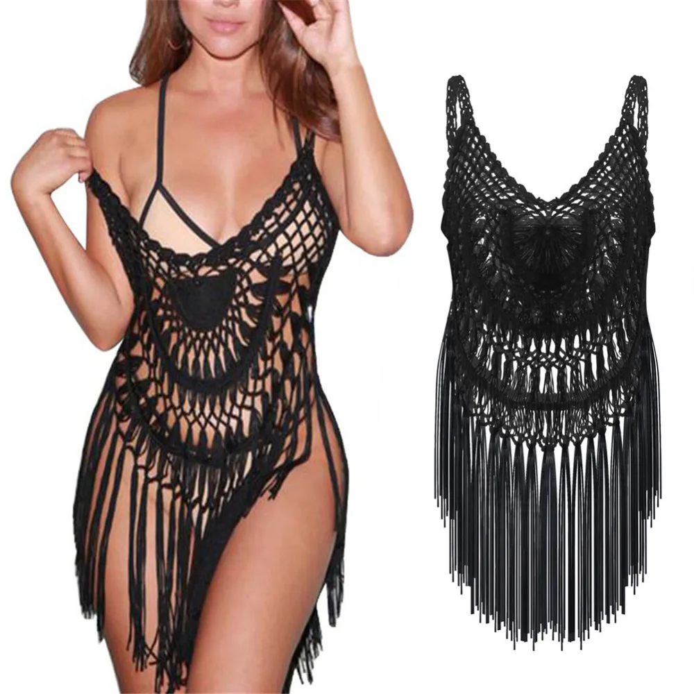 2020 пляжное сексуальное платье женское вязаное крючком с кисточками пляжные