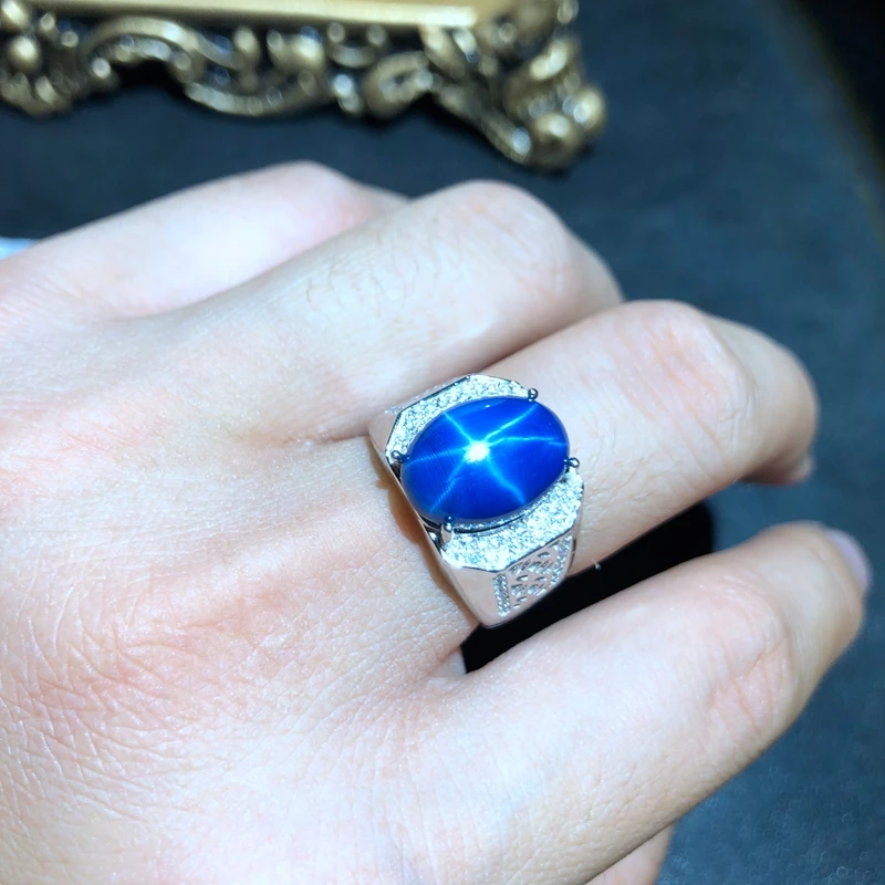 cool men ring shiny blue star sapphire gem ring 925 silver jewelry big size shiny gem certified birthday gift