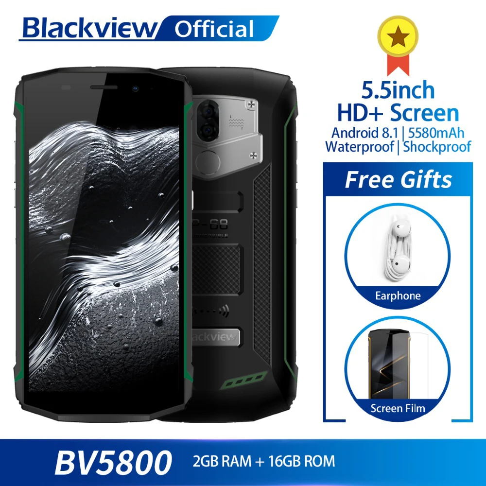 Blackview BV5800 MT6739 4 ядра 2 ГБ + 16 5 дюйма Экран IP68 Водонепроницаемый Android 8 1 смартфон 5580