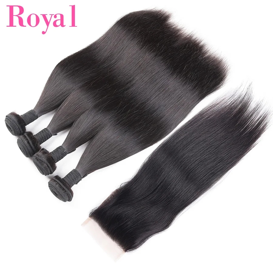 ROYAL 3/4Straight Hair Bundles With Closure Brazilian Hair Weave Bundles With Frontal 4*4 Remy Human Hair Bundles With Frontal